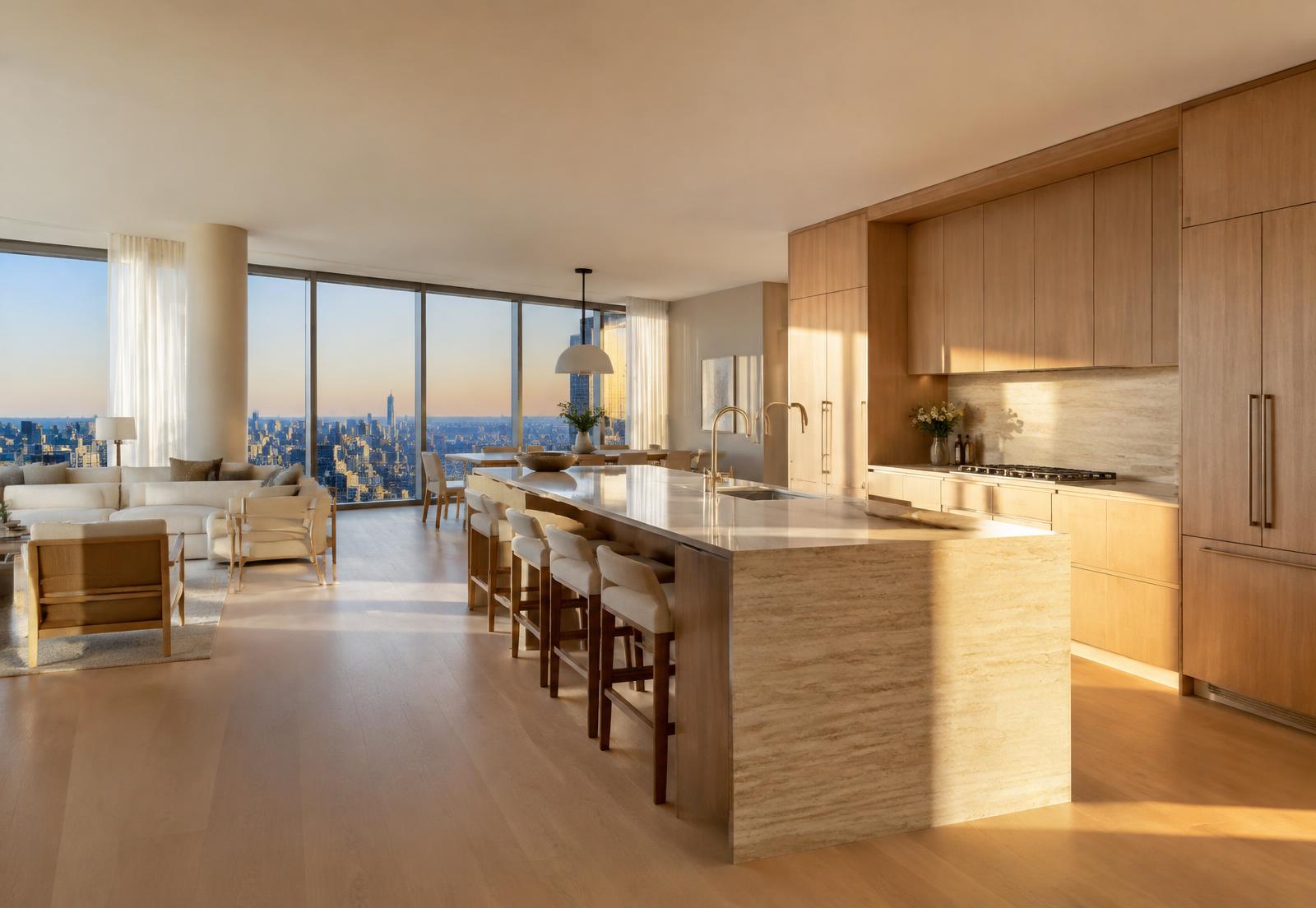 Open-plan apartment kitchen and living area with city views