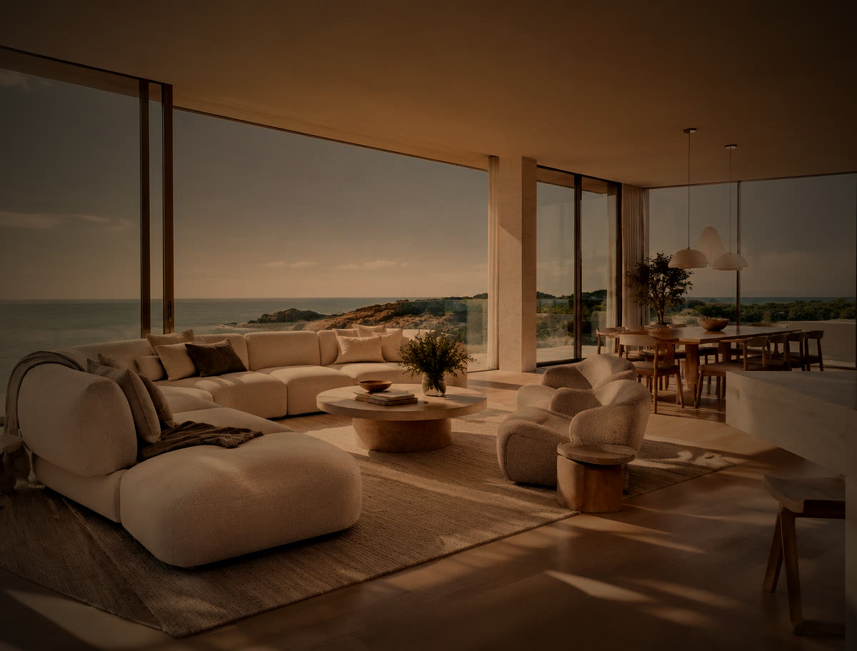 A living room restyled by AI for a winter evening